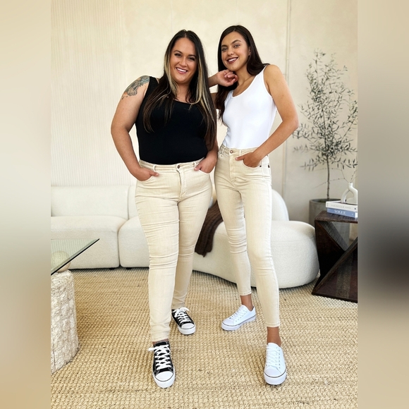 Judy Blue Denim - Judy Blue Tummy Control Garment Dyed Skinny Fit Jeans Bone Cream Various Plus